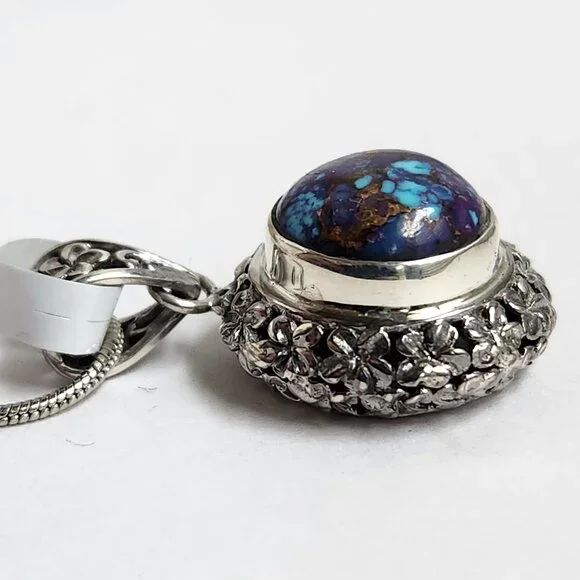 2011 925 Artisian Natural Purple Copper Turquoise Round Pendant 18" Silver Chain - Picture 10 of 10